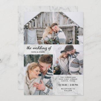 three photos on elegant marble look | wedding invitation