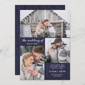 three photos on rustic blue wood look | wedding invitation