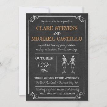 til death halloween skeleton orange black wedding invitation