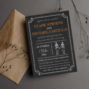 til death halloween skeleton orange black wedding invitation