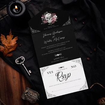 til death watercolor skull rose gothic wedding all in one invitation
