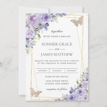 timeless wedding purple lilac floral butterflies invitation