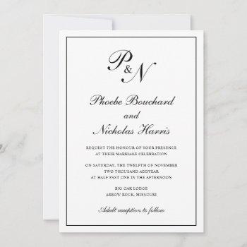 traditional black and white monogram wedding invitation