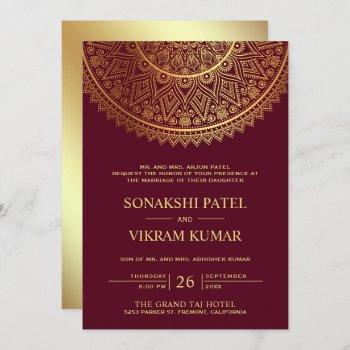 traditional burgundy gold mandala indian wedding invitation