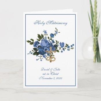 traditional catholic religious blue roses wedding invitation