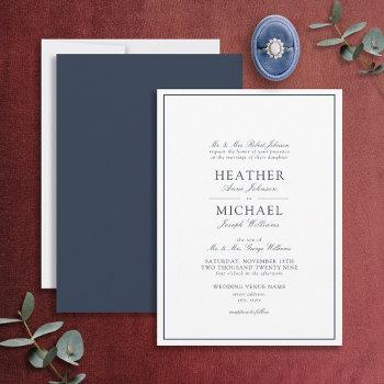 traditional navy blue classic script wedding invitation