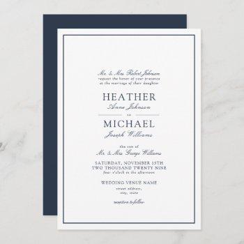 traditional navy blue classic script wedding invitation