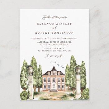 traditional watercolor english manor wedding  invitation postcard