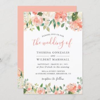 trending coral and peach watercolor floral wedding invitation