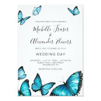 Small Trendy Blue Watercolor Butterflies. Modern Wedding Front View