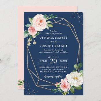 Small Trendy Navy Blue Blush Floral Geometric Wedding Front View