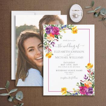 trendy technicolor boho floral photo wedding invitation