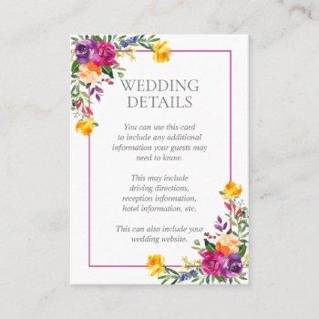 Small Trendy Technicolor Boho Floral Wedding Details Enclosure Card Front View