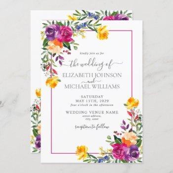 trendy technicolor boho floral wedding invitation