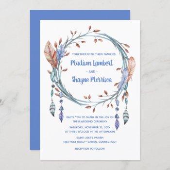 tribal native american blue feathers boho wedding invitation