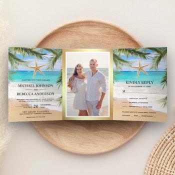 Small Tropical Beach Palm Leaves Starfish Photo Wedding Tri-fold Front View