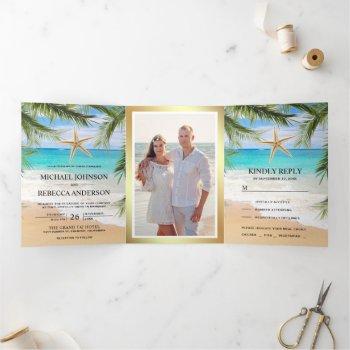 tropical beach palm leaves starfish photo wedding tri-fold invitation