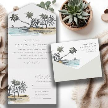 Small Tropical Beach Palm Tree Sketch Watercolor Wedding All In One Front View
