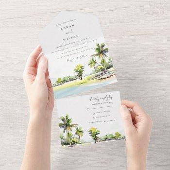 tropical beach palm tree watercolor wedding all in one invitation