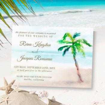 tropical beach palm tree watercolor wedding invitation