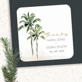 Small Tropical Beach Palm Tree Watercolor Wedding Thanks Square Sticker Front View
