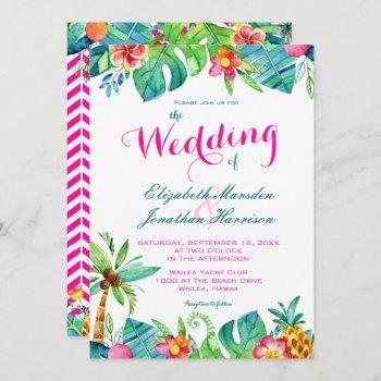 tropical berry pink teal floral chevron wedding invitation