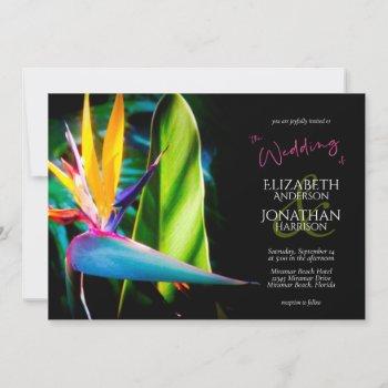 tropical bird of paradise dark floral wedding invitation