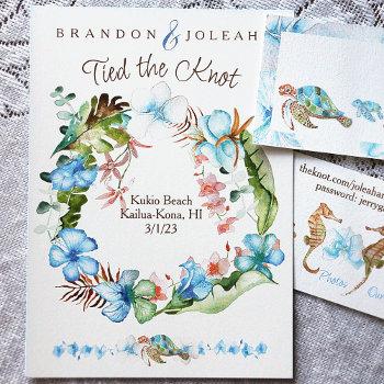 tropical blue, green leaf wreath elopement invitation