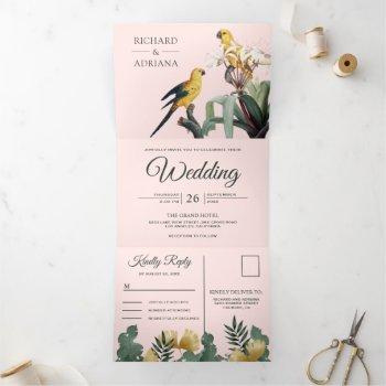 tropical blush pink yellow parrot couple wedding tri-fold invitation