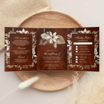 Small Tropical Dried Palm Leaves Burnt Orange Wedding Tri-fold Front View