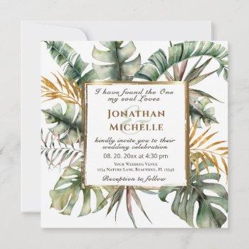 tropical elegant palms gold frame wedding invitation