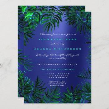 tropical fern leafs framed teal aquatic green blue invitation