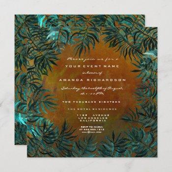tropical fern leafs framed teal aquatic honey gold invitation