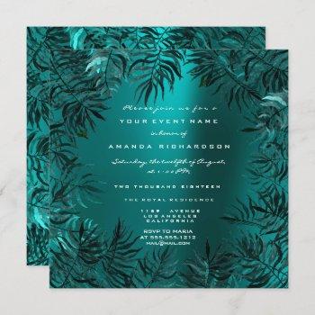 tropical fern leafs framed teal aquatic jungle invitation