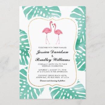 tropical flamingo couple beach destination wedding invitation