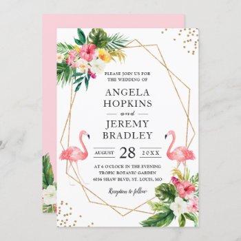 tropical floral gold frame flamingo summer wedding invitation
