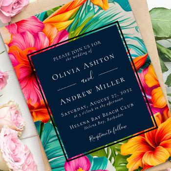 tropical floral hibiscus destination beach wedding invitation