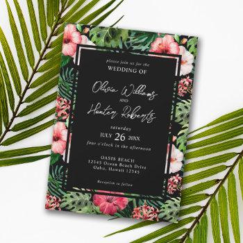 tropical floral hibiscus wedding black invitation