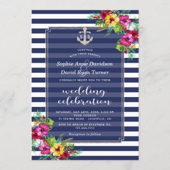 Small Tropical Floral Luau Navy Blue Stripes Wedding Front View