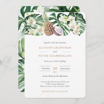 tropical foliage watercolor leaves orchids wedding invitation