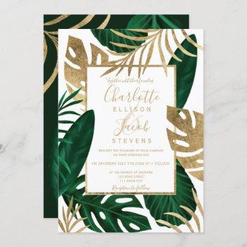 tropical gold green leaf watercolor script wedding invitation