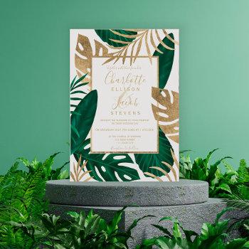 tropical gold green leaf watercolor script wedding invitation