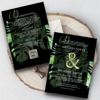 tropical gold monstera palm black qr code wedding  invitation