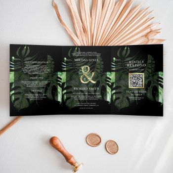 tropical gold monstera palm black qr code wedding tri-fold invitation