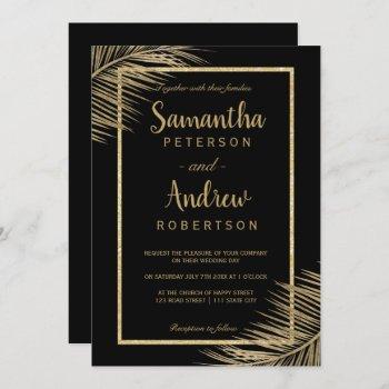 tropical gold palm tree beach black chic wedding invitation