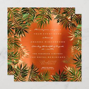 tropical green palm leaf frame orange coral gold invitation