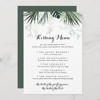 tropical greenery wedding kissing menu game card