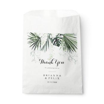 Small Tropical Greenery White Floral Thank You Wedding Favor Bag Front View