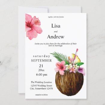 tropical hawaiian floral & coconut wedding invitation