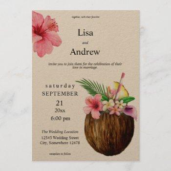 tropical hawaiian floral & coconut wedding- kraft invitation